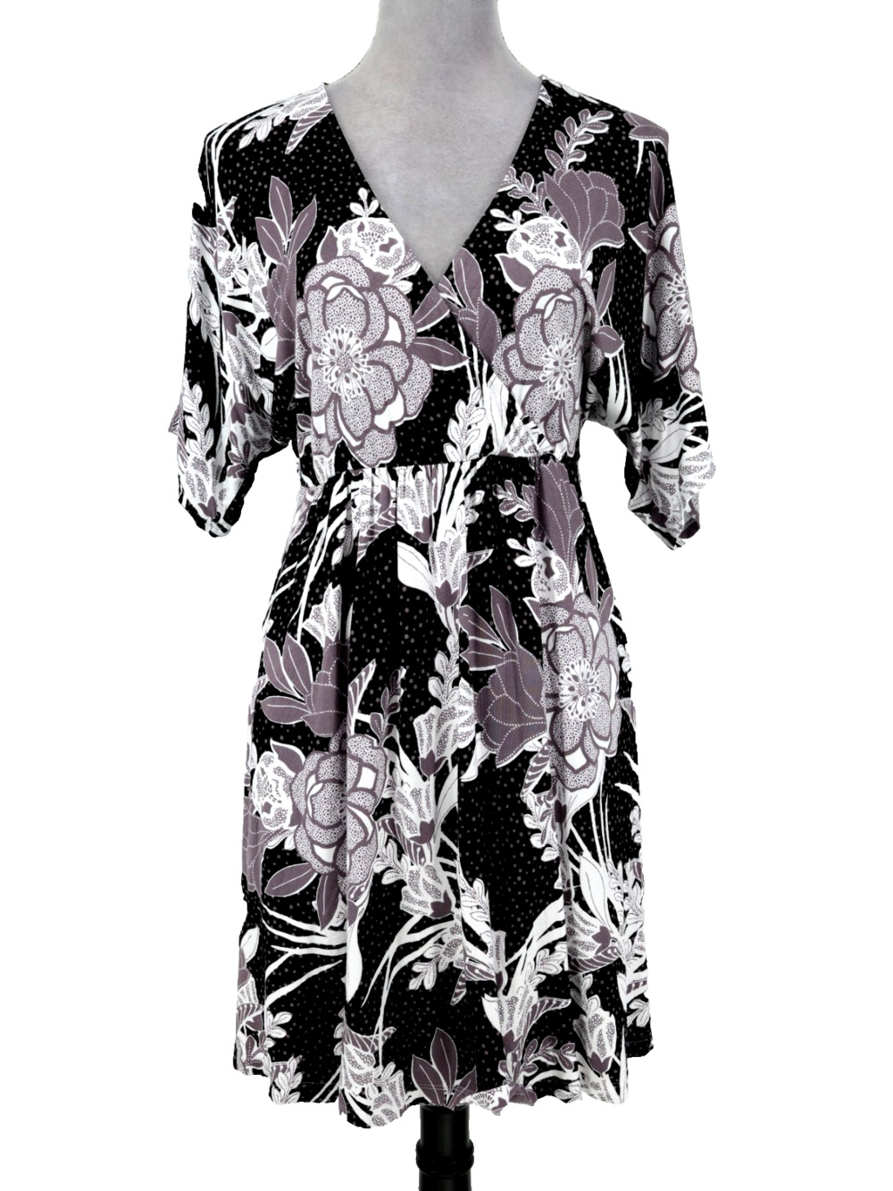 Soma Dress Womens Small Black Gray Floral Kimono Faux Wrap Stretch Short New